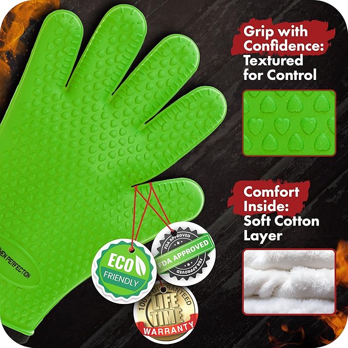 KITCHEN PERFECTION S Silicone Smoker Oven Gloves -Extreme Heat Resistant BBQ Gloves -Handle Hot Food Right on Your Grill Fryer Pit|Waterproof Oven Mitts |Superior Value Set+3 Bonuses