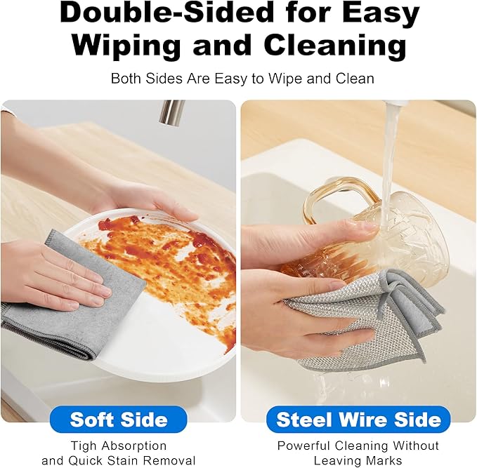 JOYMOOP Dual-Sided Silver Microfiber Cleaning Cloth, Reusable Non-Scratch Dishwashing Rag, Multipurpose Scrubbing Pads for Kitchen, Glass, Stainless Steel