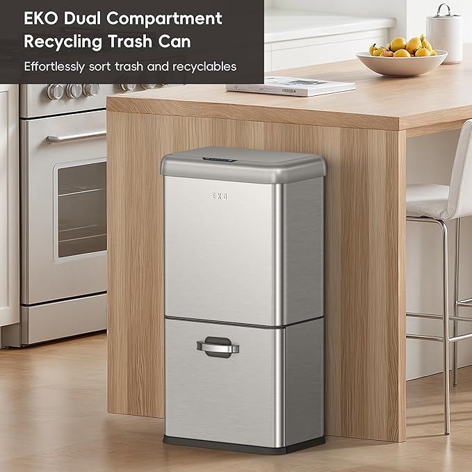 EKO Vintage 50L / 13.2 Gallon Motion Sensor Trash Can, Dual Compartment 32L + 18L Stainless Steel Kitchen Garbage Bin, Touchless Automatic Waste & Recycling Bin with Lid for Home or Office