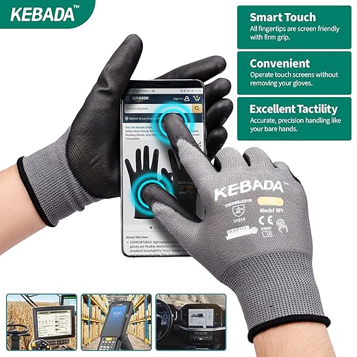 Kebada W1 Work Gloves for Men and Women, Touchscreen PU Coated Gloves with Grip, 50 Pairs Bulk Pack, Ideal for Warehouse Package Handling, Construction, Gardening, Gray XX-Large