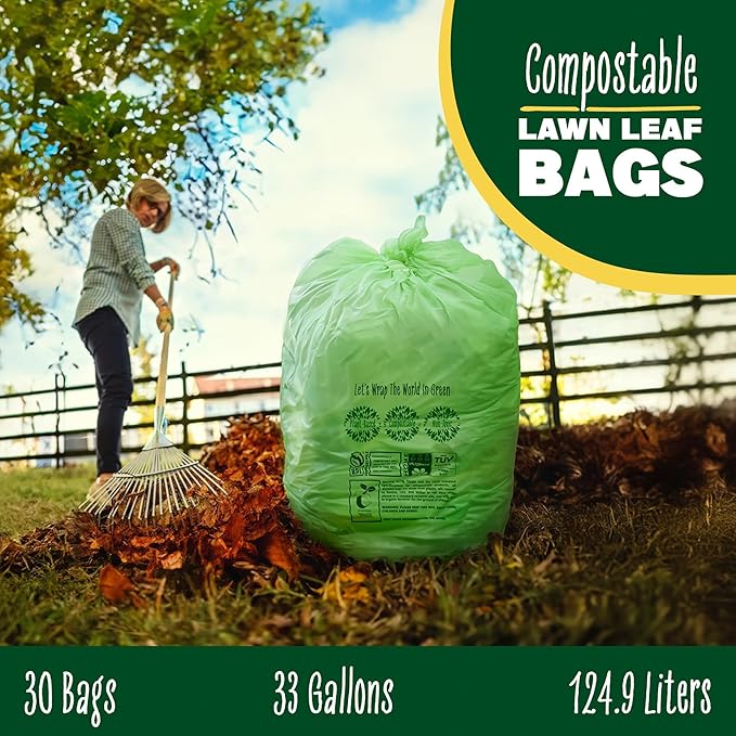 30-33 Gallon Compost Bags 30 Bags Yard Waste Bags Flat-Top Liners Compostable Trash Bags Heavy Duty Extra Thick 1.57 Mil, 124.92 Liter Lawn and Leaf Bags BPI ASTM D6400 and OK Compost Home Certified