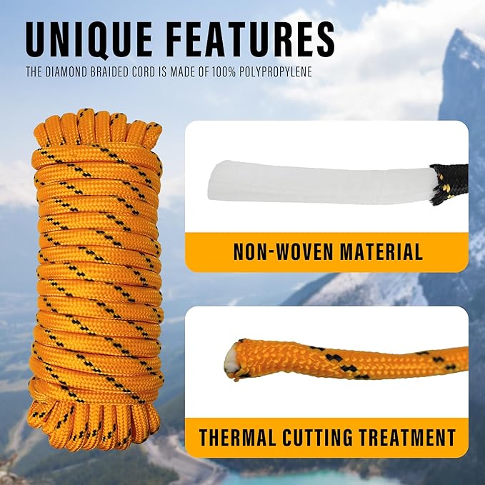 Diamond Braided Polypropylene Rope Nylon Rope Mix Thick Heavy Duty Ropes 1/2 inch 50ft High Strength Perfect for Clothesrope Camping Hiking and Other Outdoor Activities Orange 50ft