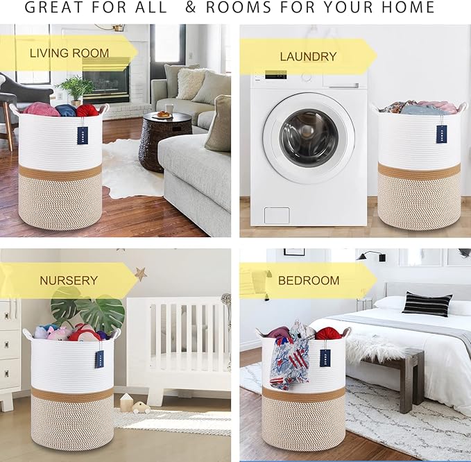 COMSE Extra Large Blanket Basket, Tall Woven Storage Basket, Nursery Hamper, 15.7”x 21.7”, Cotton Rope Laundry Hamper for Toys Clothes Towels, Blend White/Camel