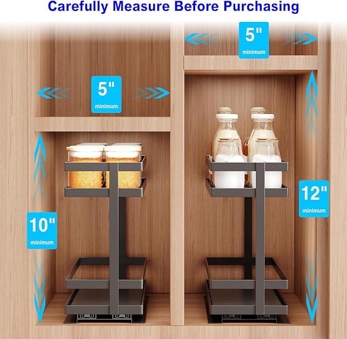 Pull Out Spice Rack Organizer for Cabinet, 2 Tier Metal Slide Out Seasoning Organizer and Storage Heavy Duty Vertical Spice Rack Shelf Pullout for Kitchen Cabinets No Drilling(1 Pack, Black)