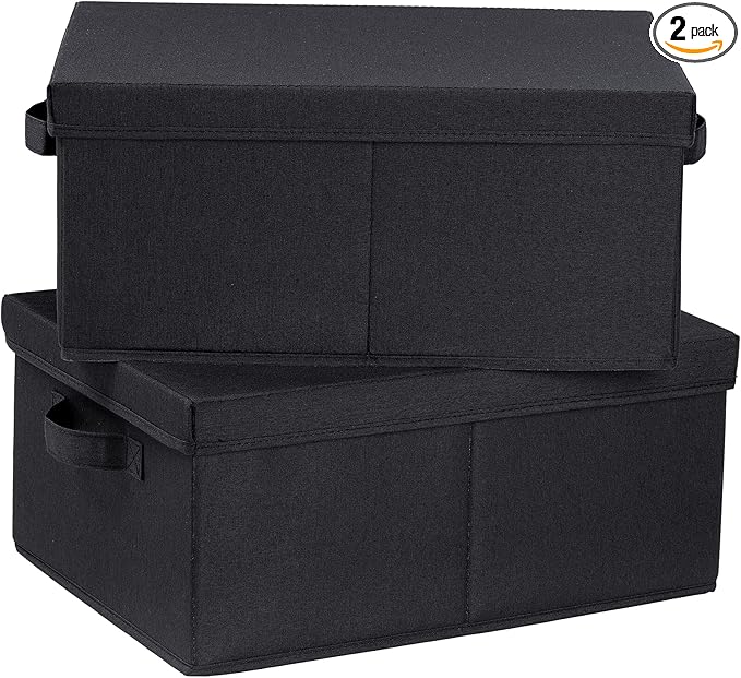 HOONEX Storage Bins with Lids for Organizing, Pack of 2, Storage Boxes with 2 Carrying Handles and Sturdy Heavy Cardboard, 16.5" L x 11.8" W x 7.5" H for Shoes, Books, Clothes, Black