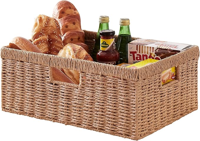 OIAHOMY Wicker Basket, Paper Shelf Basket with Built-in Handles, Rectangular Wicker Storage Bin for Pantry, Shelves, 1 Pack-Yellow
