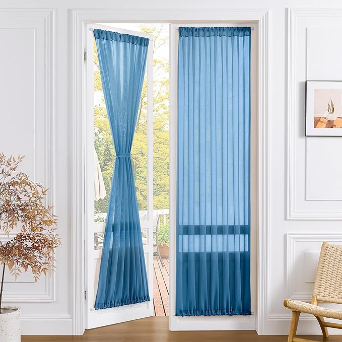 Tollpiz Sheer Curtains Closet Linen Textured Curtain Sheers Doorway Light Filtering Voile Patio Glass Door Rod Pocket Curtains French Door, 54 x 80 inches Long, Classic Blue, Set of 1 Panel