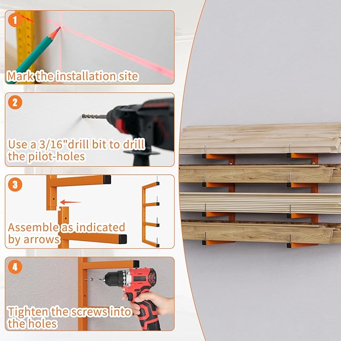2-Pack Lumber Storage Rack, Wood Storage Racks Wall Mount, Heavy Duty Garage Wood Organizer With 4-Level System, Orange Utility Rack Organization Up 800 Lbs, Metal Lumber Shelf for Indoor and Outdoor