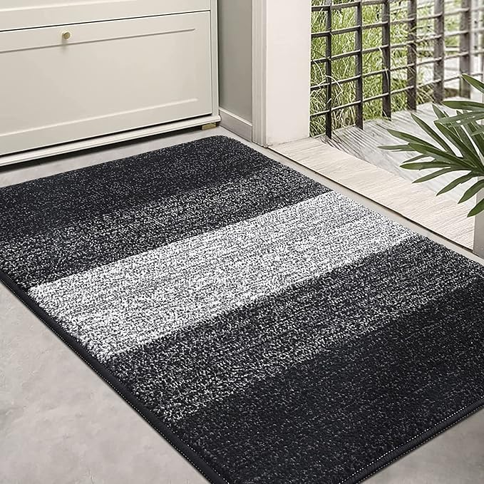 Kitinjoy Indoor Outdoor Door Mat, 36x24 Non-Slip Absorbent Dirt Trapper, Low-Profile Washable Inside Entrance Front Floor Mat, Sturdy Soft Entry Doormats for Entryway, Black
