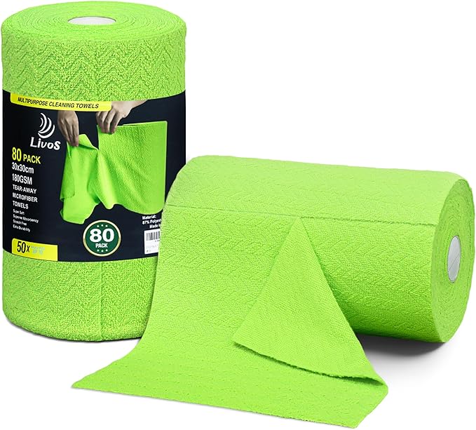 LIVOS Microfiber Cleaning Cloth Roll - 80 Pack, Reusable Paper Towels, Microfiber Towels for Cars, Super Absorbent Lint Free Cleaning Rags for House, Kitchen, Window-Wave Green, 11.5"x11.5"