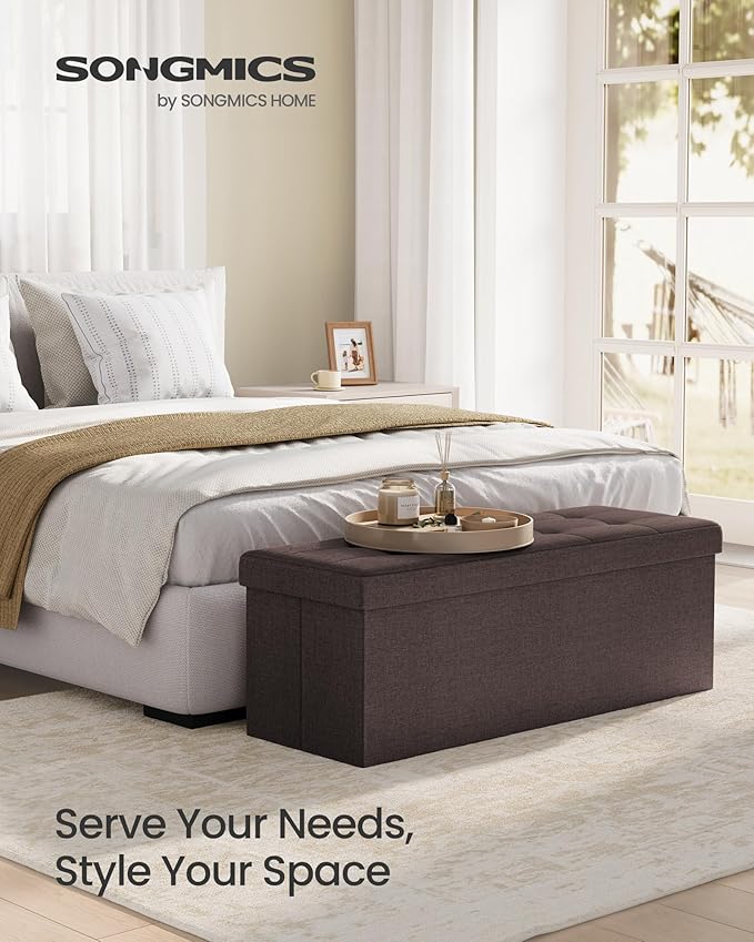 SONGMICS MAZIE Collection - 43 Inches Folding Storage Ottoman Bench, Ottoman Foot Rest, End of Bed Bench, Storage Chest, Load 660 lb, for Living Room, Bedroom, Entryway, Brown ULSF77BR