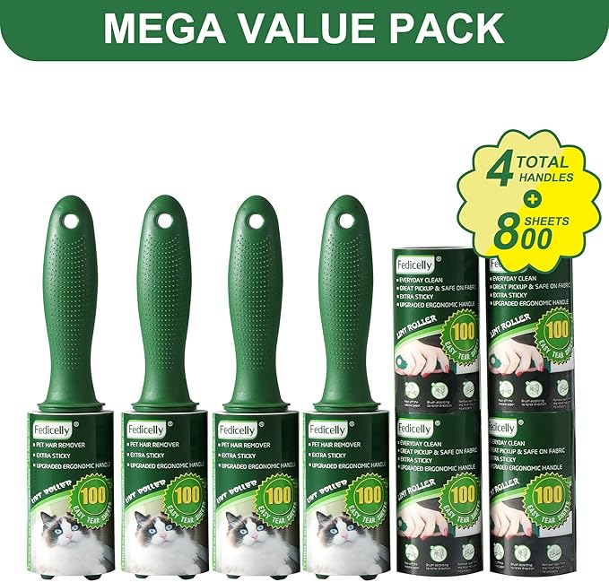 Fedicelly Lint Rollers Pet Hair Extra Sticky Clothes,Cat Dog Hair Remover Laundry Furniture Carpet,Total 800 Sheets Lint Remover Brush for Couch Green