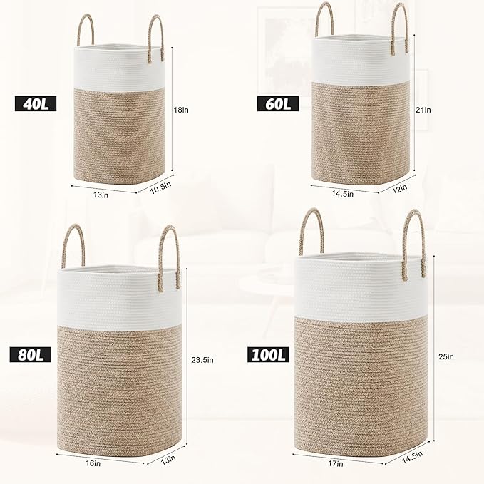 Laundry Basket,Woven Cotton Rope Laundry Hamper,Versatile Storage for Dirty Clothes,Baby Toys,and Blankets in Bathroom, Nursery,and Living Room (Brown, 80L)