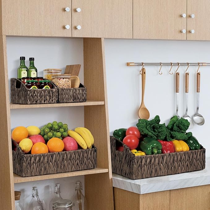 Ollieroo Natural Water Hyacinth Storage Baskets, Handwoven Wicker Storage Bins with Built-in Handles, Storage Container Baskets for Shelves, Bedroom, Bathroom, Laundry Room or Kitchen(Black)