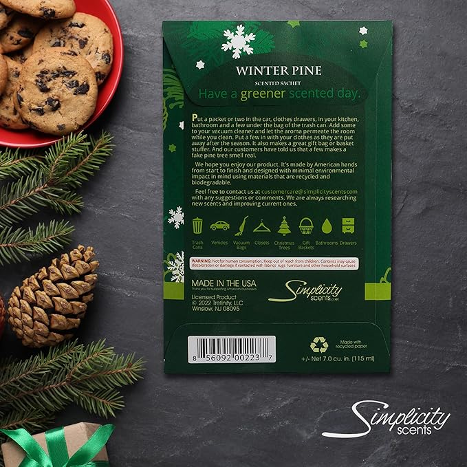 Simplicity Scents Winter Pine Scented Sachets Pack of 6, Fall & Winter - Long-Lasting Scented Bags, Home Fragrance, Air Freshener & Deodorizer for Closet, Room, Drawer, or Cars, Made in USA