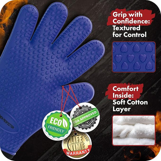 KITCHEN PERFECTION Silicone Smoker Oven Gloves -Extreme Heat Resistant Bbq Gloves -Handle Hot Food Right on Your Smoker Grill Fryer Pit|Waterproof Oven Mitts Grill Gloves |Superior Value Set+3 Bonuses