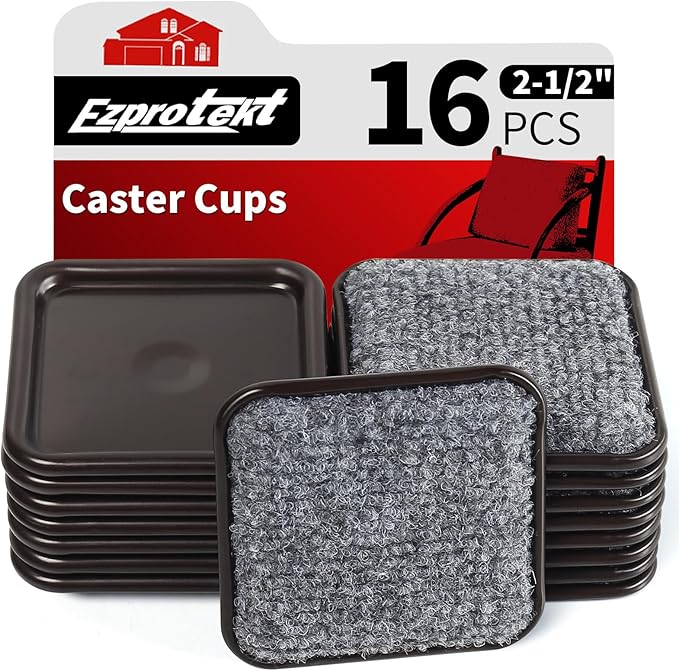 Ezprotekt 2 1/2" Square Reusable Felt Furniture Caster Cups with Carpet Bottom, 16 Pcs Felt Furniture Sliders Floor Protectors Pads to Protect Hardwood, Tile or Floors from Scratches (Brown/Gray)