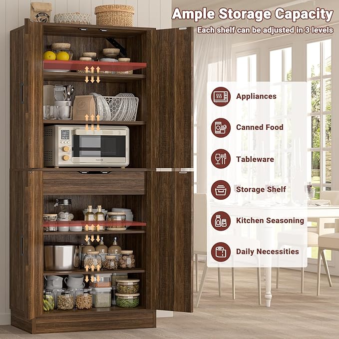 Unikito 71" Farmhouse Kitchen Pantry Storage Cabinet with Barn Doors, Adjustable Shelves & Drawer Organizer, Versatile Tall Storage Cupboard for Dining Room, Bathroom, Utility Room, Weathered Brown