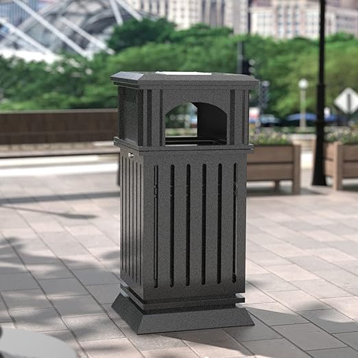 BEAMNOVA Trash Can Outdoor Top Tray Matte Black Stainless Steel Commercial Garbage Enclosure with Locking Lid Heavy Duty Industrial Yard Garage Waste Container, 35.5 * 15.8 * 15.8 in