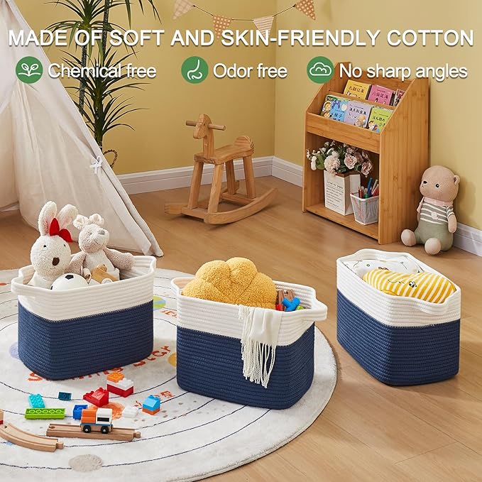 OIAHOMY Storage Basket, Woven Baskets for Storage, Cotton Rope Basket for toys,Towel Baskets for Bathroom - Pack of 3, Gradient Blue