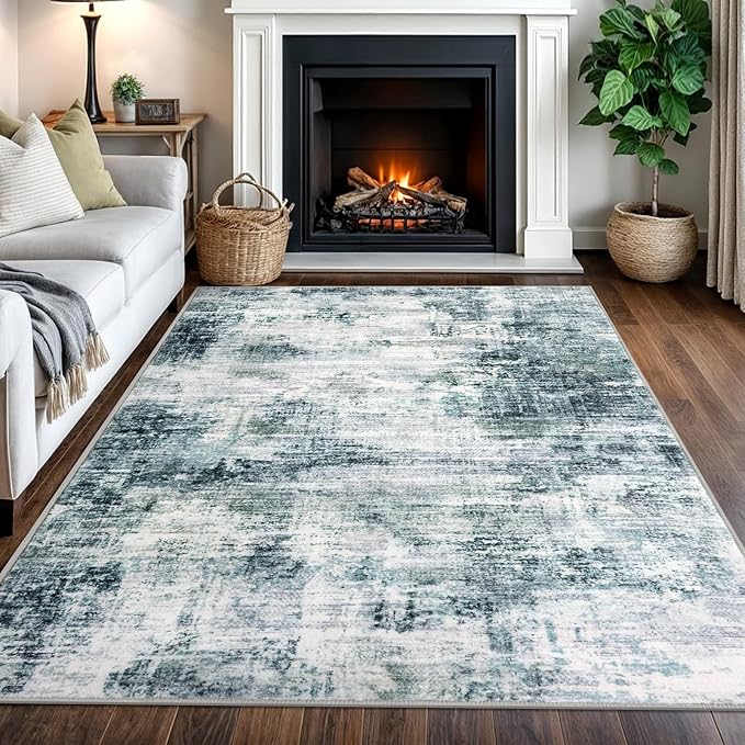 IOHOUZE Modern Abstract Area Rugs 5x7 Ft Washable Rugs for Living Room, Non Slip Dining Room Rug, Printed Faux Wool Rugs for Bedroom, Floor Carpet for Office Nursery Playroom, Sage Grey