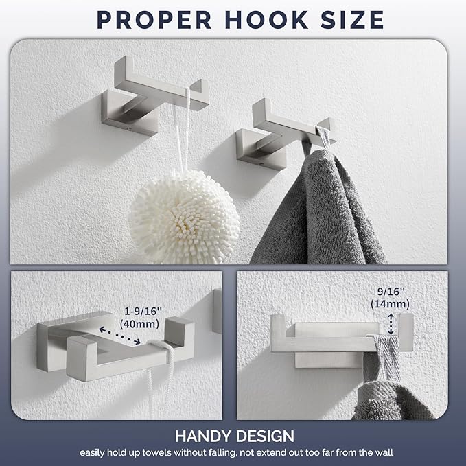 Angle Simple Bathroom Double Hook 2 PCS, SUS304 Stainless Steel Hand Towel Holder, Bath Towel Hanger, Modern Robe Hook for Wall, Brushed Nickel