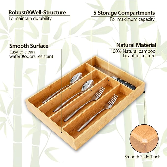 Silverware Organizer, 2 Pack 10 Inch Utensil Organizer Kitchen Drawer Organizer Bamboo Silverware Holder Cutlery Tray Organizer in Drawer Flatware Organizer Tray(5 slots, Natural）