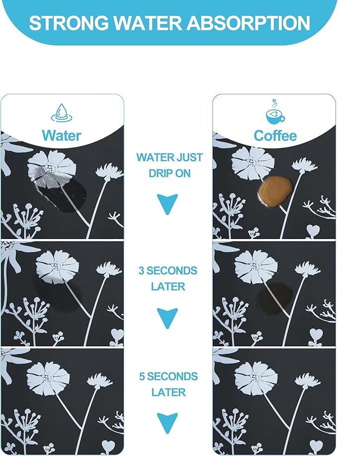 Dish Drying Mat for Kitchen Counter, 12"x19"Dish Drying Pad with Non-slip Rubber Backed, Hide Stain Anti Absorbent for Kitchen Counter, Drying Mat for Coffee Machine Dish Rack (Gray Daisy)