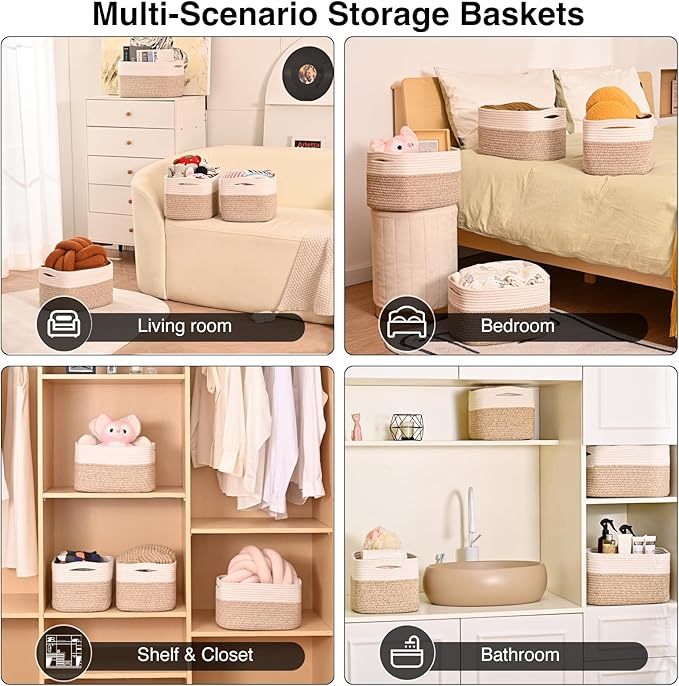Storage Baskets for Shelves, Woven Storage Basket, Bins for Cube Storage, Cotton Rope Basket with Handles for Toy, Book, and Clothes Living Room, (4 Packs) Off White & Brown