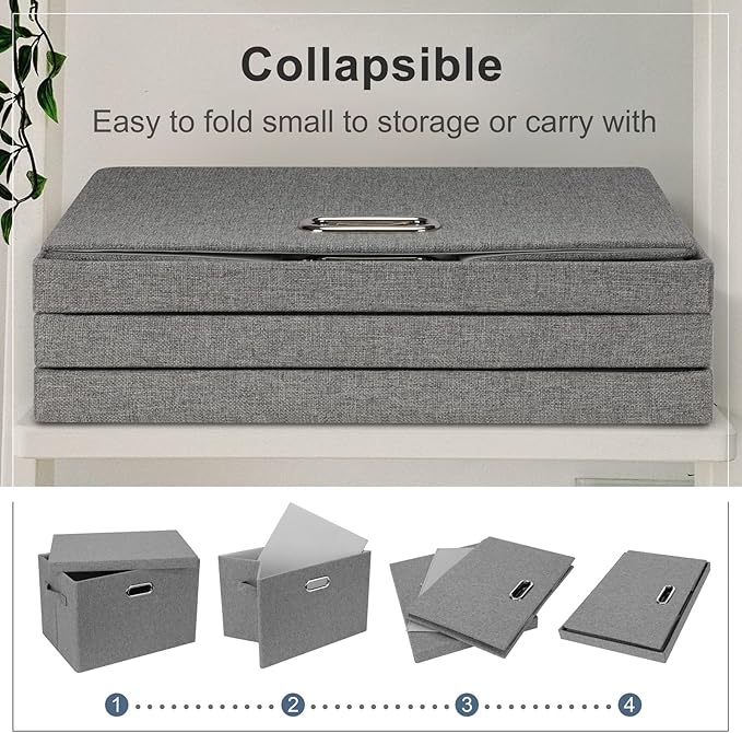 Large 17" 36 Quart Collapsible Stackable Storage Bins with Lids, 3 Packs Grey Linen Fabric Closet Boxes with Lids, Storage Cube Baskets Container Organizers for Bedroom Office(17 x12 x11)