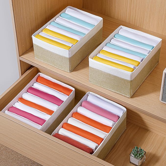 4 Packs T-shirt Drawer Organizers for Clothing,8 Grids Compartment Wardrobe Storage Box, Washable Clothes Organizer for Folded Clothes, Legging, Silk Scarve-12.59''x9.05''x5.9-BeigeWhite