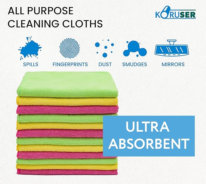Microfiber Cleaning Cloths - Pack of 12 (16'' x 16'') - Reusable and Washable - All Purpose Towels for Multi Purpose Indoor/Outdoor Cleaning/Dusting/Polishing on Kitchen/Bathroom/Auto Surfaces