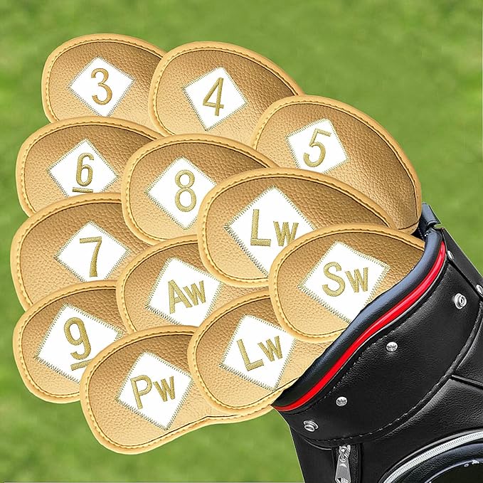 FINGER TEN Premium Synthetic Leather Stylish Iron & Wedge Golf Head Covers Value 12 Piece Set, Embroidered Labels & Fits Most Clubs Gift Set, Travel Protection Accessories