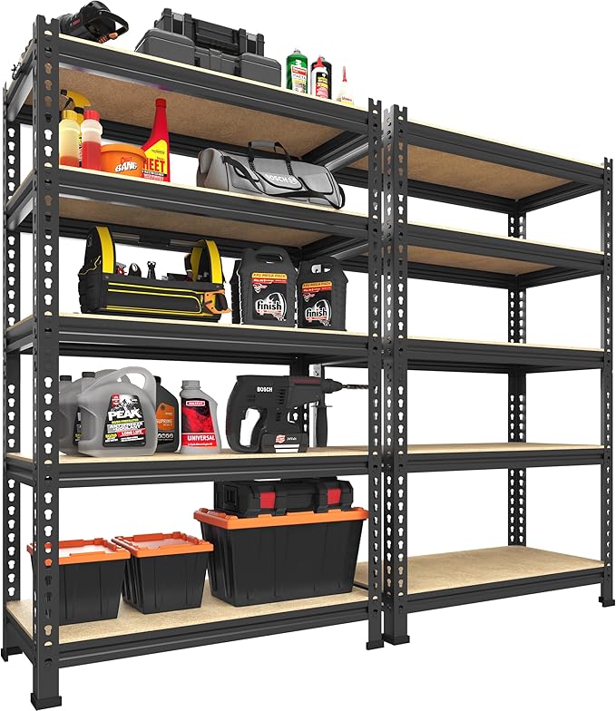 PrimeZone Storage Shelves 2 Pack 5 -Tier Heavy Duty Shelf, 1325 lbs /Pack Capacity Adjustable Metal Garage Storage Rack, Shelving Unit Rack 28" x 12" x 59" for Warehouse Pantry Closet Kitchen Black