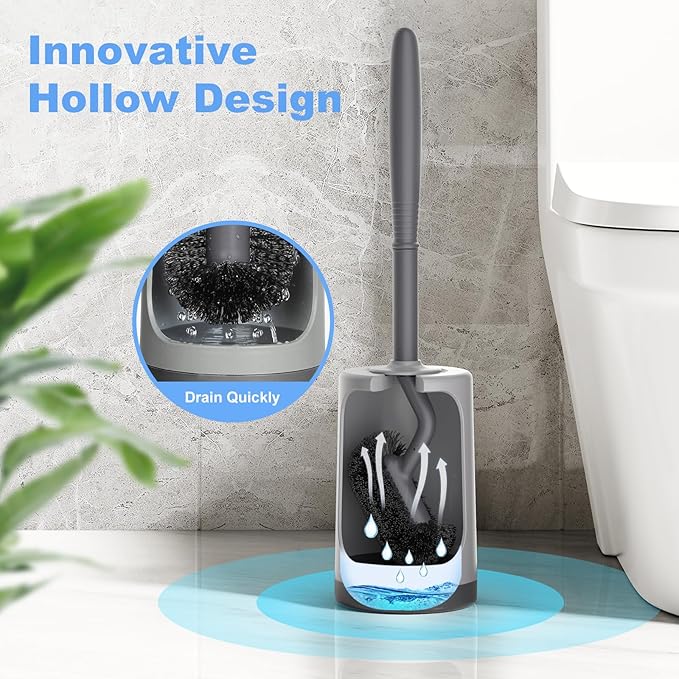 HAMITOR Toilet Bowl Brush Holder Set: Curved Design with Holder for Deep Cleaning Under Rim - Compact Hidden Scrubber for Small Space - Modern RV Bathroom Accessories - Gray