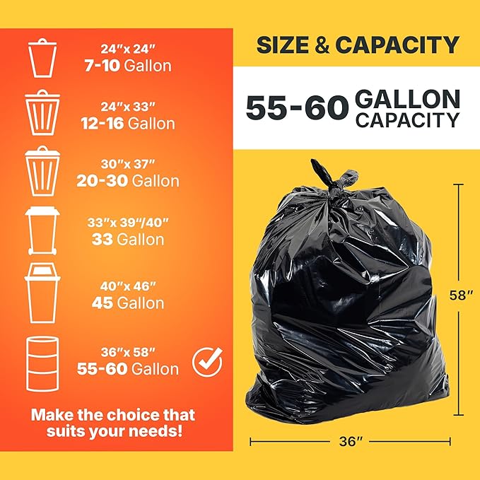 55-60 Gallon Trash Bags, 50 Micron Heavy Duty Pure LDPE Garbage Can Liners, 36" x 58" Large, Black, 50 Count