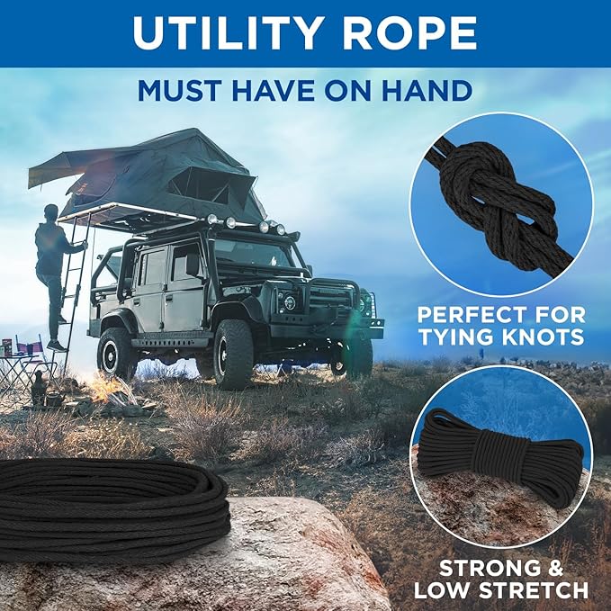 TECEUM 500lb Cotton Rope 3/16” (5 mm) – 50 FT | 100 FT – Strong All-Purpose Braided Rope – Natural Cotton – for Crafting, Сamping, Clothes Line, DIY, Indoor & Outdoor Use – Black