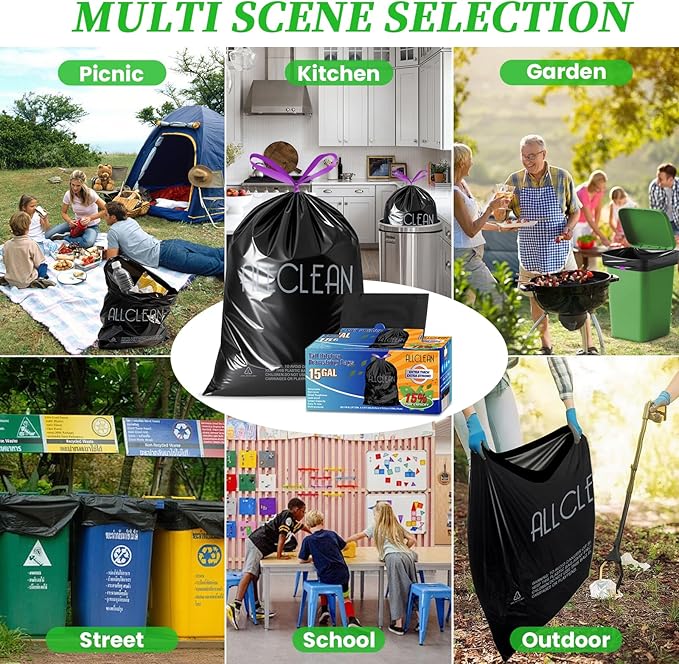Trash Bags 15 Gallon Tall Kitchen Drawstring Garbage Bags,Fit 13-15 Gal Bins,Extra Strong&Leak-Proof,Unscented&Recyclable Trash Can Liners for Home Office Industrial Bathroom Garden Lawn(Black)