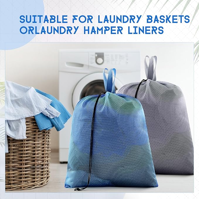 6 Pack 20 x 17 Inches Blue Mesh Laundry Bag with Handles Machine Washable Secure Drawstring Closure Large Sturdy Mesh Net Laundry for College Travel Dorm Laundromat
