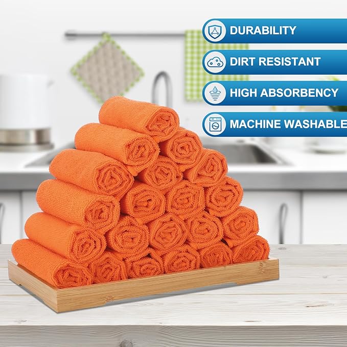 Tenare 100 Pack 12'' x 12'' Microfiber Cleaning Cloths Reusable Cleaning Rags Bulk Microfiber Towels Softer Highly Absorbent Washcloths for House Kitchen Car Window(Orange)