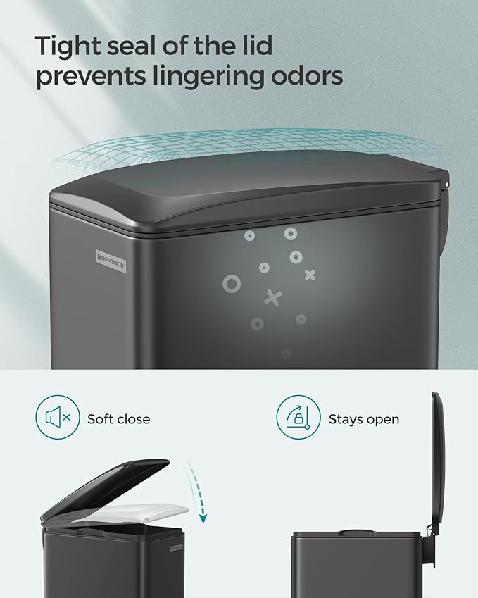 SONGMICS Slim Trash Can, 13-Gallon (50 L) Garbage Can for Narrow Spaces with Soft-Close Lid, Inner Bucket, and Step-on Pedal, Stainless Steel, 15 Trash Bags Included, Black ULTB510B48