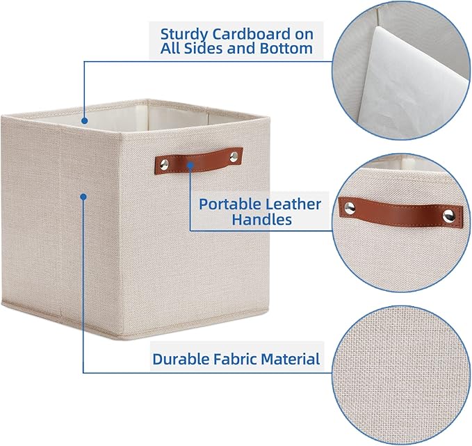 Temary 11x11 Storage Cubes Fabric Storage Cubes Storage Bins with Dual Leather Handles Canvas Storage Boxes for Organizing Home, Shelf, Closet (Beige, 11 x 11 x 11)
