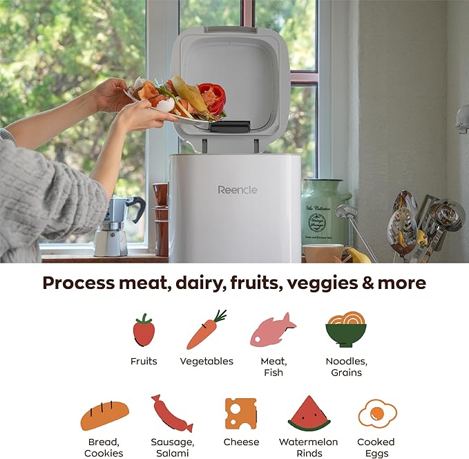 Reencle Prime Electric Composter - 14L Kitchen Composter, Decomposes Up to 2.2 lbs Food Waste Daily, Odorless Indoor Composting with Whisper-Quiet Technology & Rapid Decomposition (White)