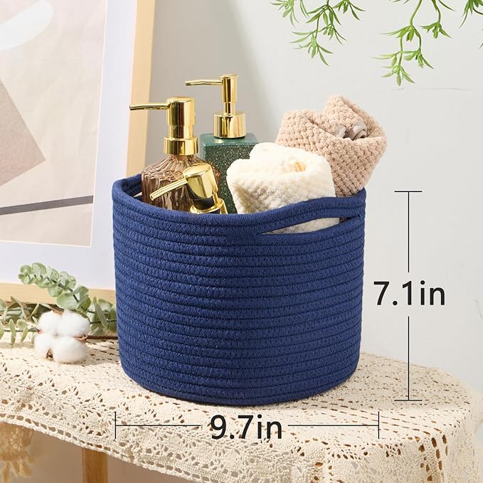 Small Basket for Organizing | Cube Shelf Closet Storage Baskets | 9.7×9.7×7.1” | Woven Rope Gift Basket | Nursery | Round 3 Packs Navy Blue