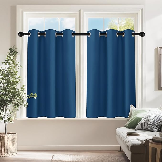 PONY DANCE Small Blackout Curtains for Bedroom - Room Darkening Thermal Insulated Window Draperies for Living Room Kitchen Home Office Bathroom Cafe, Wide 42 x Long 36, Ink Blue, 1 Pair