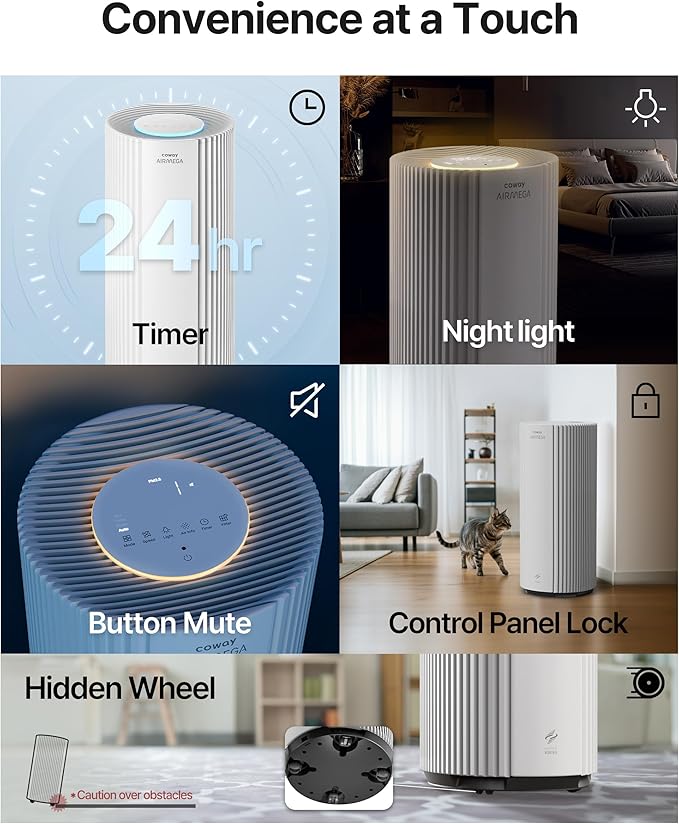 COWAY Air Purifiers for Large Room Whole Home Up to 3,285ft², True HEPA Filter for Smoke, Allergen, Pet Dander, Odor, PM(1, 2.5, 10), AQI, Turbo Eco Mode, Energy Star, 3yr Warranty, Airmega 450 White