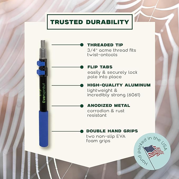 EVERSPROUT 5-to-12 Foot Cobweb Duster and Extension-Pole Combo (20 Foot Reach, Soft Bristles) | Hand Packaged | Lightweight, 3-Stage Aluminum Pole | Indoor & Outdoor Use Brush Attachment