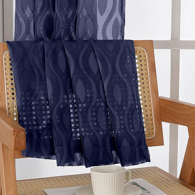Aiyufeng Navy Curtains 45 Inch Length 2 Panels Set, Farmhouse Soft Airy Lightweight Clip Jacquard Textured Curtains, Chic Wavy Line Window Curtains for Bedroom Living Room, 40" Wx45 L Inches