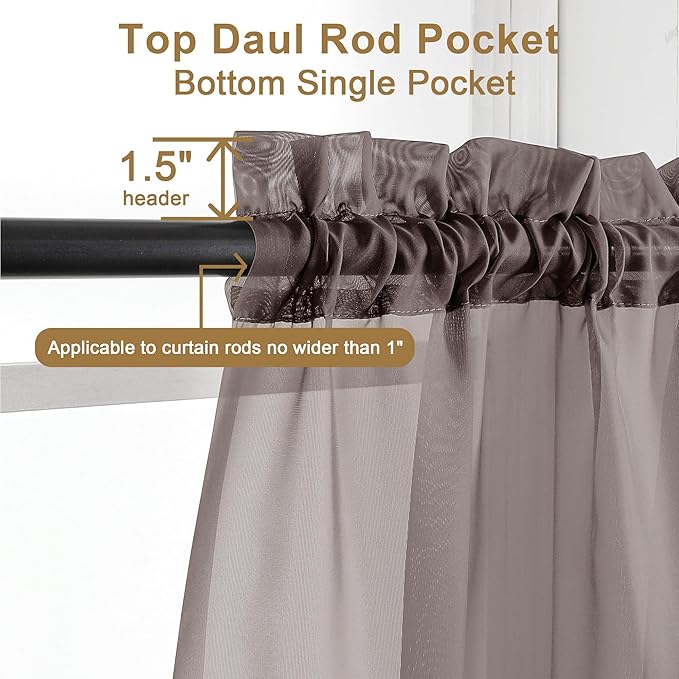 Chyhomenyc Chocolate Brown Sheer Curtains 30 inch Length 2 Panels, Light Filtering Voile Rod Pocket Short Window Curtians for Bathroom Living Room Farmhouse Small Windows, 42Wx30L inches