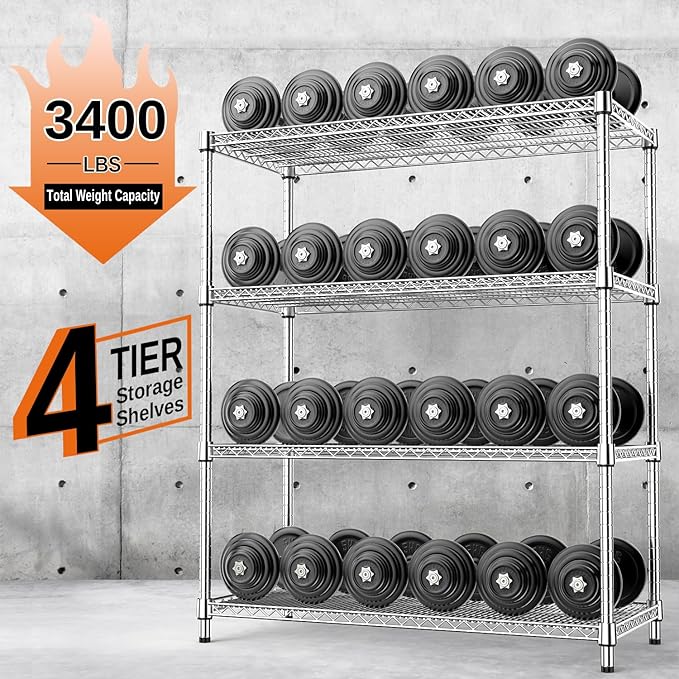 IZEUK 3400 LBS Garage Shelving Wide Storage Shelves 4 Tier Metal Shelves Heavy Duty Adjustable Utility Shelf Rack Chrome 17.7" D x 47.2" W x 70.4" H